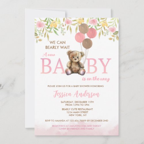 Girl Teddy Bear Bearly Wait baby shower invitation