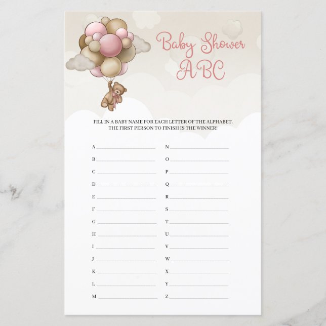 Girl Teddy bear blush pink brown Baby Shower ABC (Front)