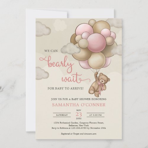 Girl Teddy bear blush pink brown beige balloons  Invitation