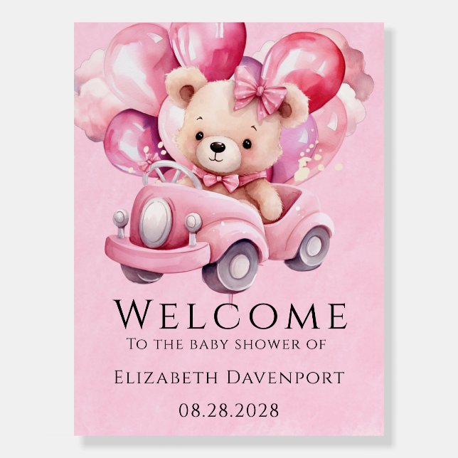 Girl Teddy Bear Car Baby Shower Welcome Sign (Front)