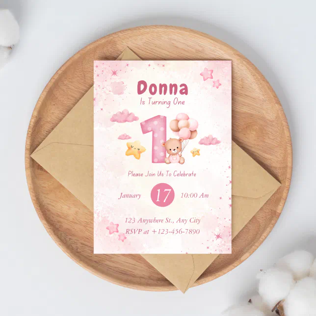 Girl Teddy Bear Pink 1st Birthday Invitation | Zazzle