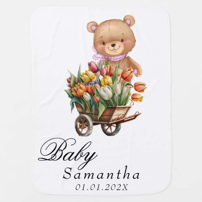 Girl Teddy Bear Pink Baby Shower Rustic Floral Baby Blanket (Front)