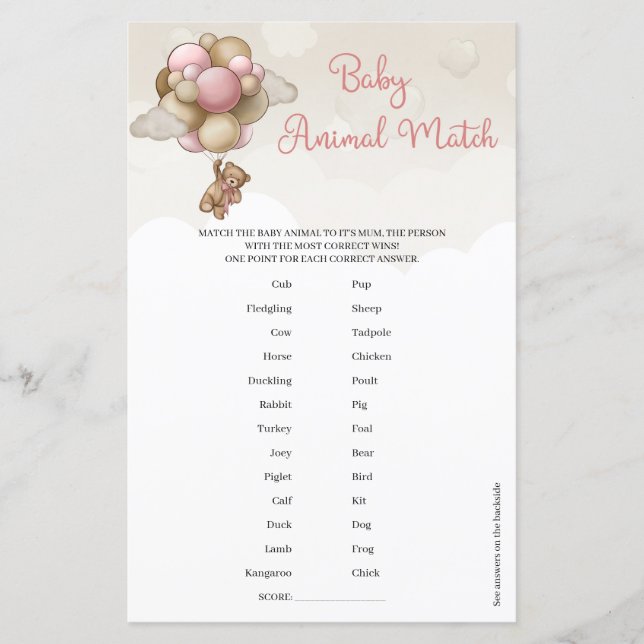 Girl teddy bear pink balloons Baby Animal Match  (Front)