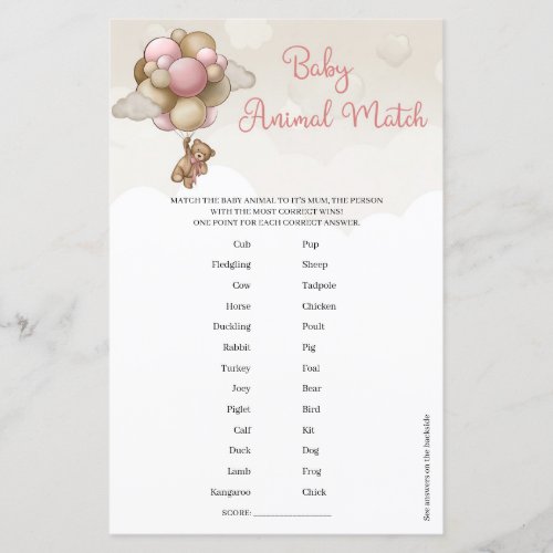 Girl teddy bear pink balloons Baby Animal Match 