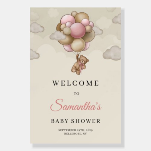 Girl teddy bear pink balloons baby shower welcome foam board