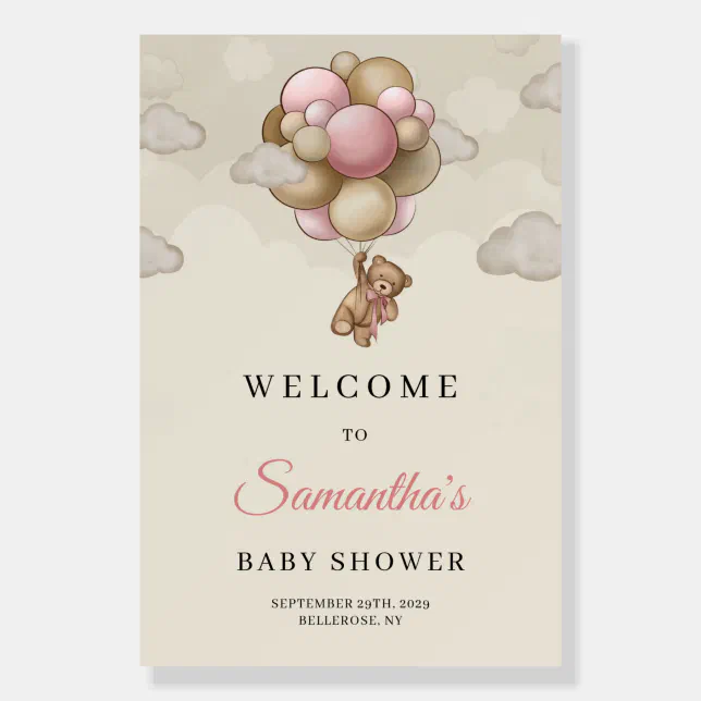 Girl teddy bear pink balloons baby shower welcome foam board | Zazzle