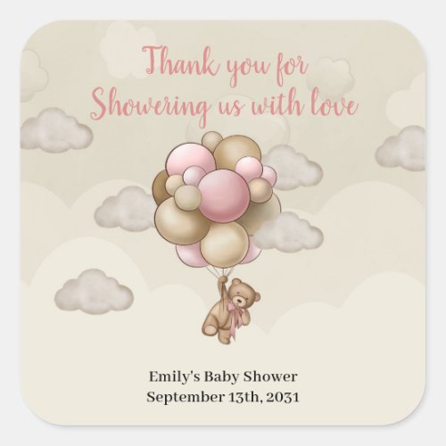 Girl Teddy bear pink brown beige balloons hot air Square Sticker