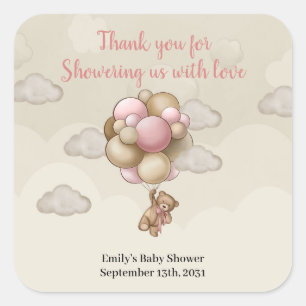 Girl Teddy bear pink brown beige balloons hot air Square Sticker