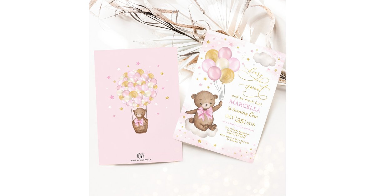 Girl Teddy Bear Pink Gold Balloons 1st Birthday Invitation | Zazzle