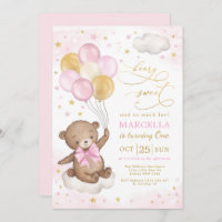 Girl Teddy Bear Pink Gold Balloons 1st Birthday Invitation