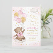 Girl Teddy Bear Pink Gold Balloons 1st Birthday Invitation (Standing Front)