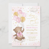 Girl Teddy Bear Pink Gold Balloons 1st Birthday Invitation (Front)