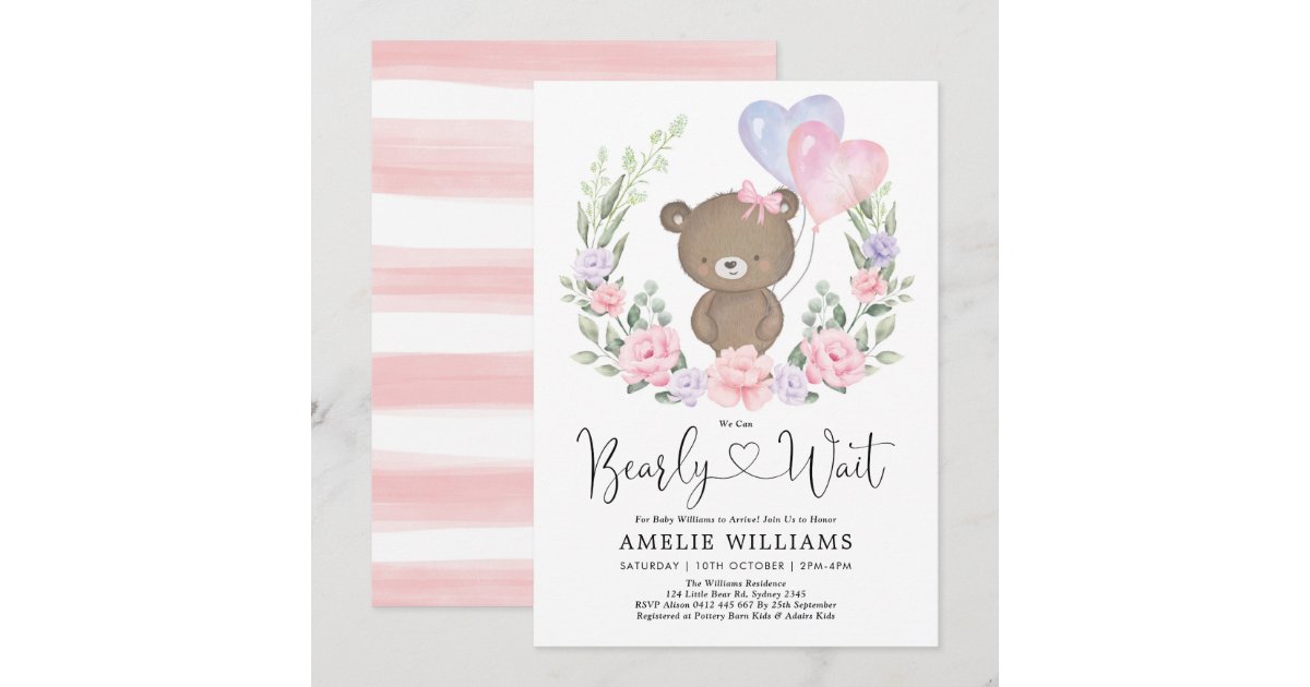 Girl Teddy Bear Pink Purple Floral Baby Shower Inv Invitation | Zazzle
