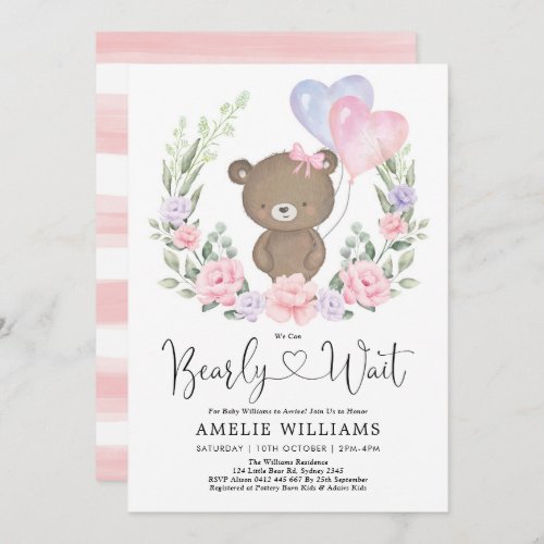 Girl Teddy Bear Pink Purple Floral Baby Shower Inv Invitation