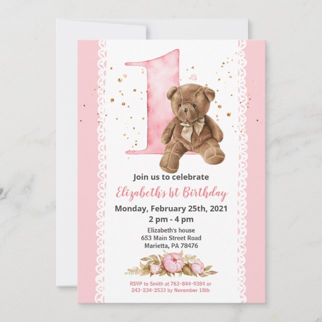 Girl Teddy Bear Watercolor Floral 1st Invitation (Front)