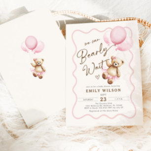 Girl Teddy Bear We Can Bearly Wait Baby Shower Invitation