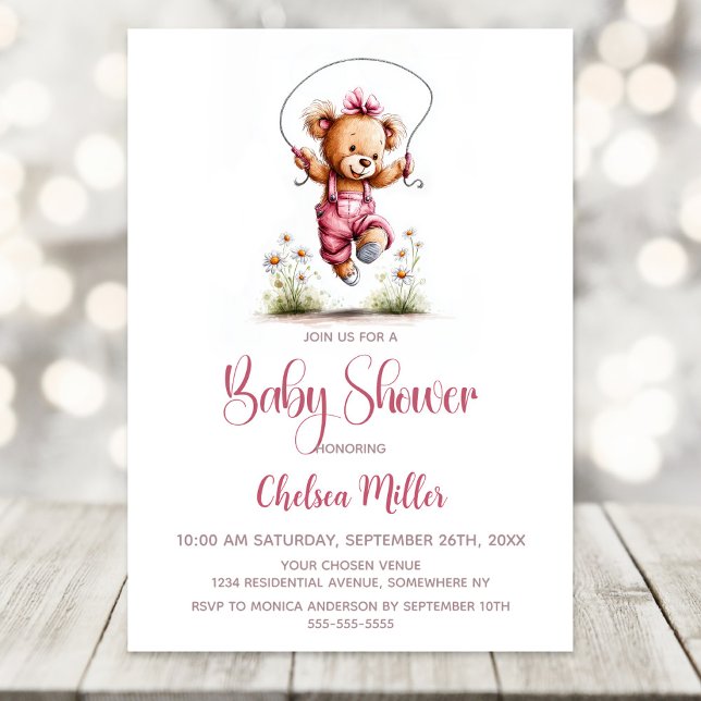 Girl Teddy Bear Wearing Pink Overalls Baby Shower Invitation (Creator Uploaded)