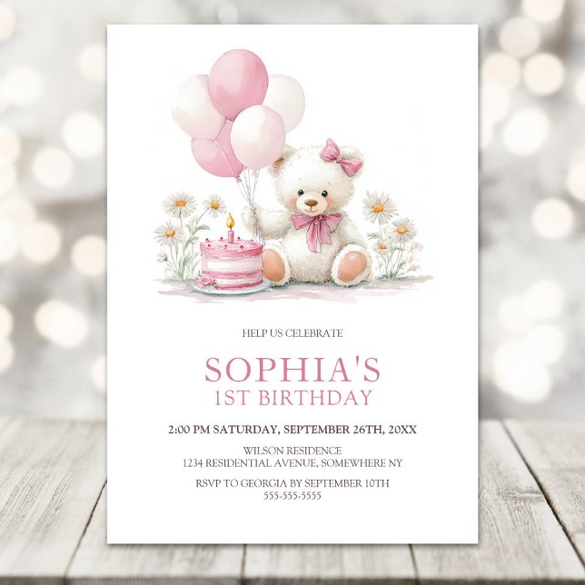 Girl Teddy Bear with Pink Balloons 1st Birthday Invitation (Creator Uploaded)
