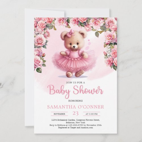 Girl Teddy bear with pink tutu and blush roses Invitation