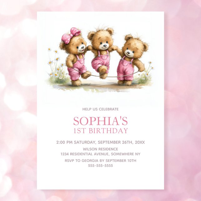 Girl Teddy Bears 1st Birthday Party Invitation (Creator Uploaded)