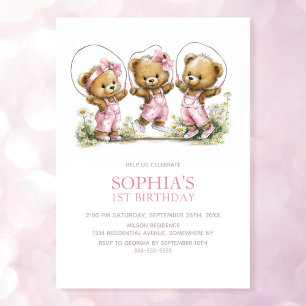 Girl Teddy Bears In Pink Overalls 1st Birthday Invitation