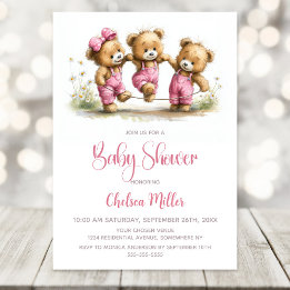 Girl Teddy Bears in Pink Overalls Baby Shower Invitation