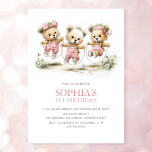 Girl Teddy Bears Jump Rope 1st Birthday Party Invitation