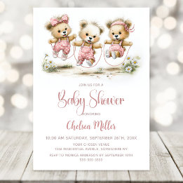 Girl Teddy Bears Wearing Pink Polka Dot Overalls Invitation