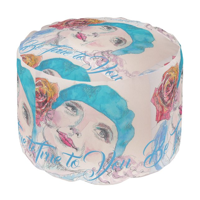Girl Teenage Girls Red Rose Blue Beret Foot Stool Pouf (Angled Back)