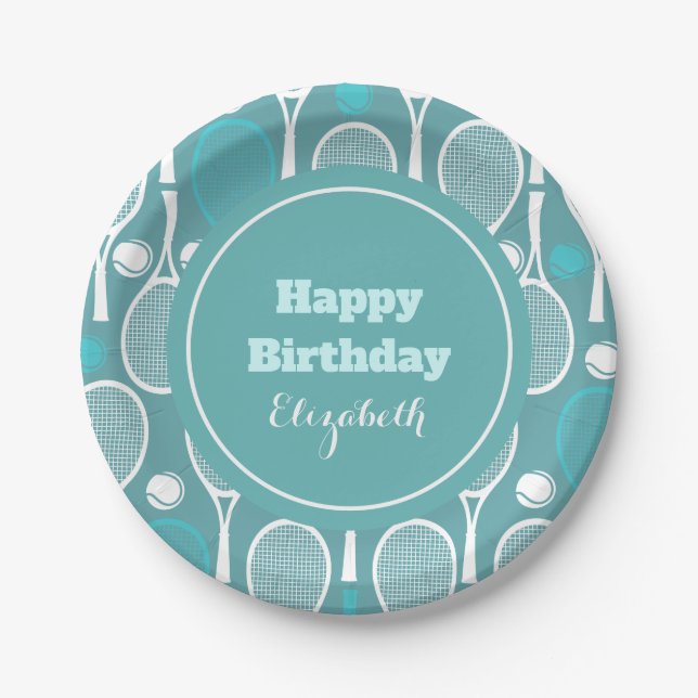Girl Tennis Birthday Party Kid's Name Racket Ball Paper Plates (Front)