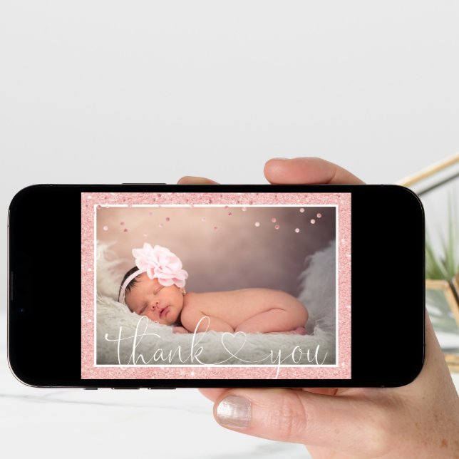 Girl THANK YOU Pink Glitter Baby Shower | PHOTO Announcement (Front Digital)