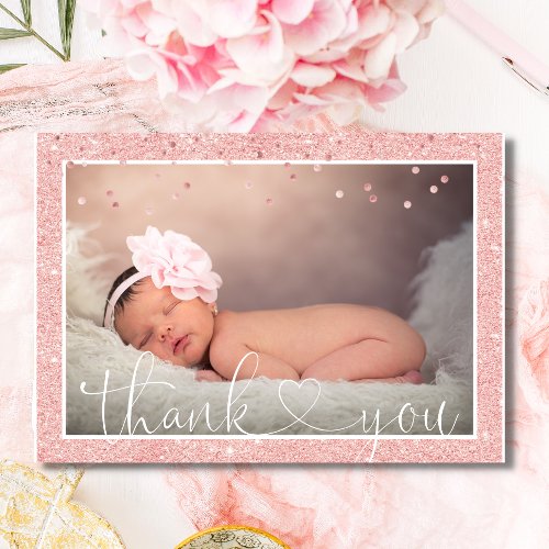 Girl THANK YOU Pink Glitter Baby Shower  PHOTO Announcement