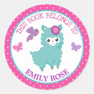Girl This Book Belongs to Spring Teal Llama Classic Round Sticker