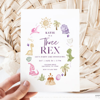 Girl Three Rex Dinosaur 3rd Birthday Invitation