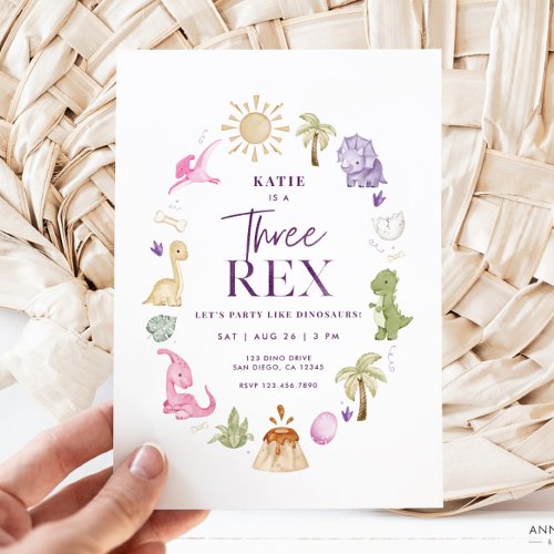 Girl Three Rex Dinosaur 3rd Birthday Invitation