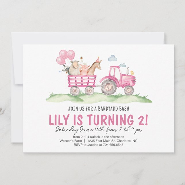 Girl Tractor Birthday, Pink Farm Birthday Invite (Front)