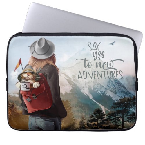 Girl travels with a cat in a backpack laptop sleeve