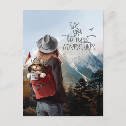 Girl travels with a cat in a backpack postcard
