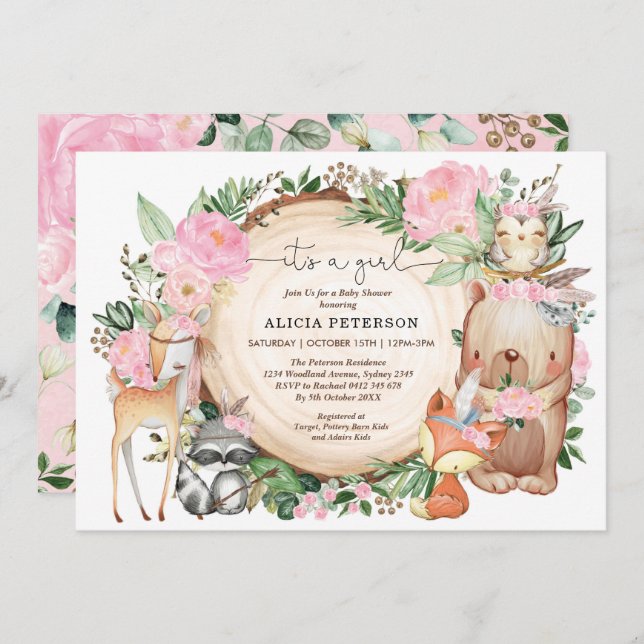 Girl Tribal Woodland Forest Animals Baby Shower Invitation (Front/Back)