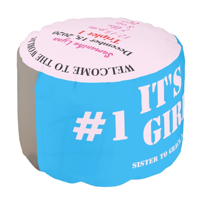 Girl Triplets Birth Stats Pink Blue Photo Pouf (Angled Front)