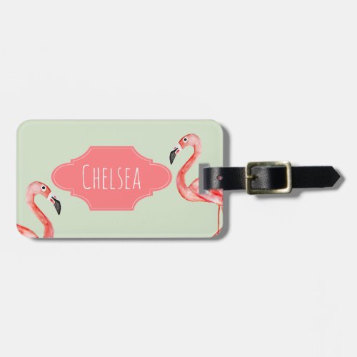 Girl Tropical Pink Flamingo Jungle Name Kids Luggage Tag