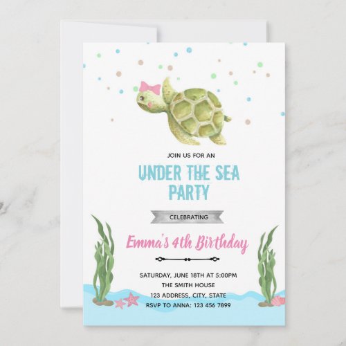 Girl turtle under the sea invitation