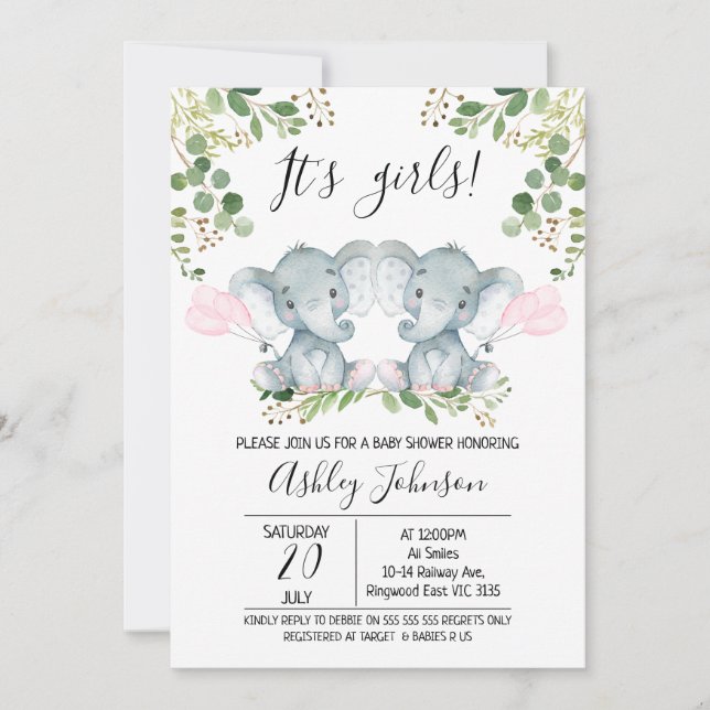 Girl Twin Elephant Balloons Baby Shower Invitation (Front)