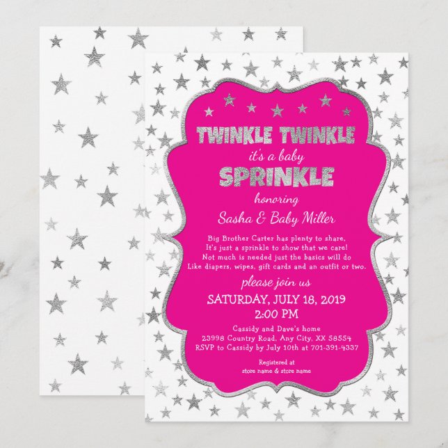 Girl Twinkle Baby Sprinkle invitations, hot pink Invitation (Front/Back)
