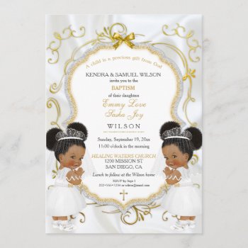 Girl Twins Baptism Christening Gold Ethnic Puffs Invitation by HydrangeaBlue at Zazzle