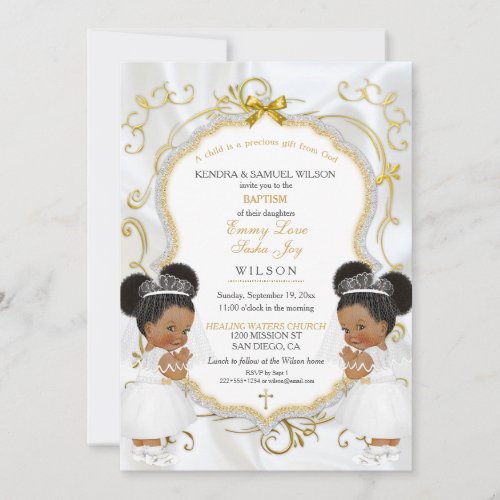 Girl Twins Baptism Christening Gold Ethnic Puffs Invitation