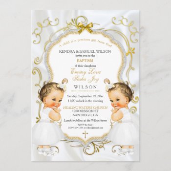 Girl Twins Baptism Christening Gold White Cross Invitation by HydrangeaBlue at Zazzle