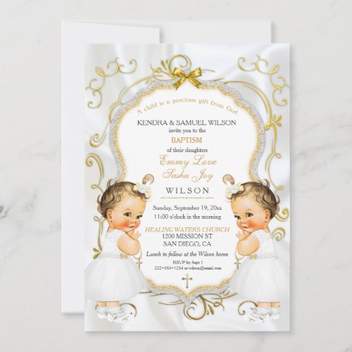 Girl Twins Baptism Christening Gold White Cross Invitation