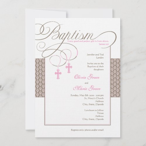 Girl Twins Damask Baptism Invitation