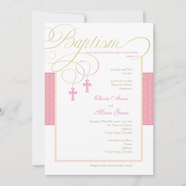 Girl Twins Damask Baptism Invitation (Front)